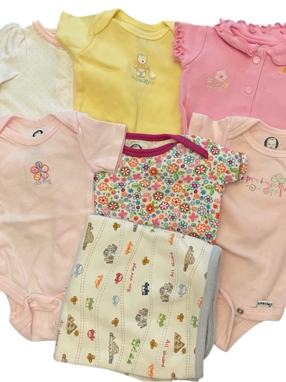 Bundle of 6 Newborn Baby Girls Color Onesies Bodysuits & One Blanket Cotton